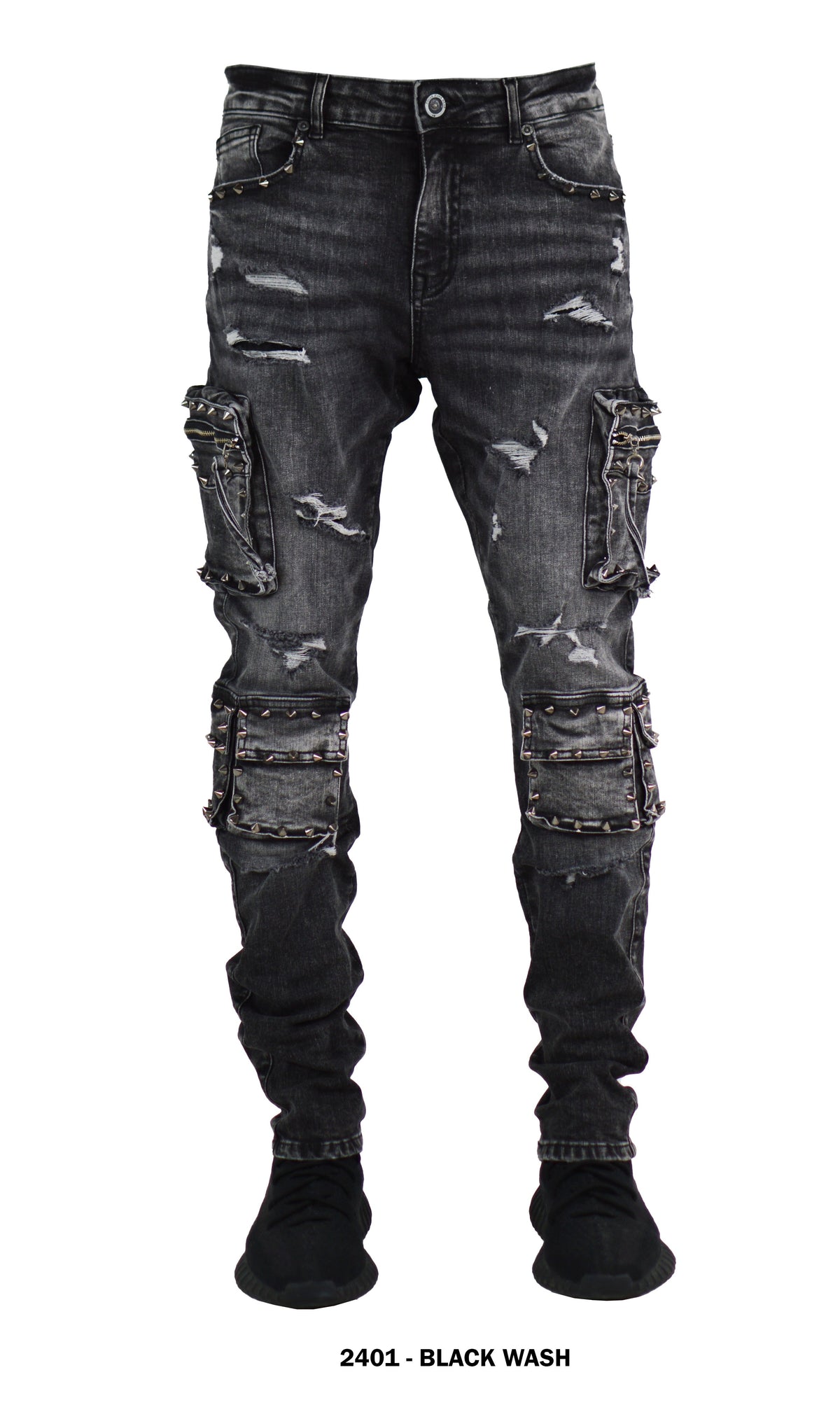 Focus 2401 Spike Cargo Slim Fit Jeans in Black Wash, front view