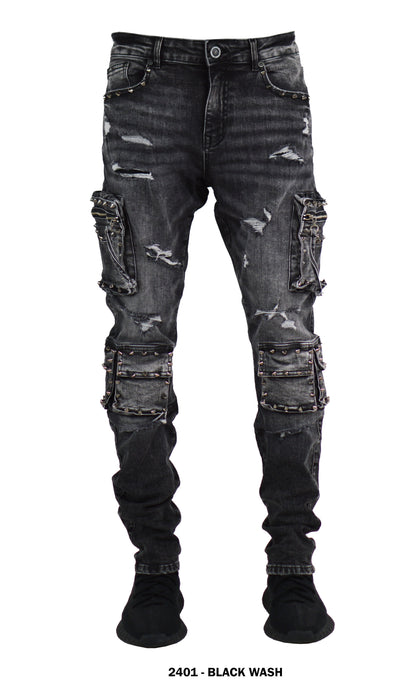 Focus 2401 Spike Cargo Slim Fit Jeans in Black Wash, front view