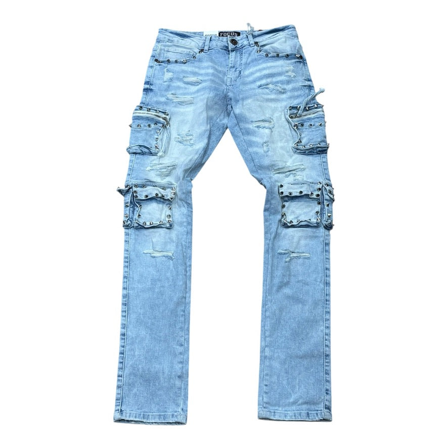 Focus 2401 Spike Cargo Slim Fit Jeans in Ice Blue, front view