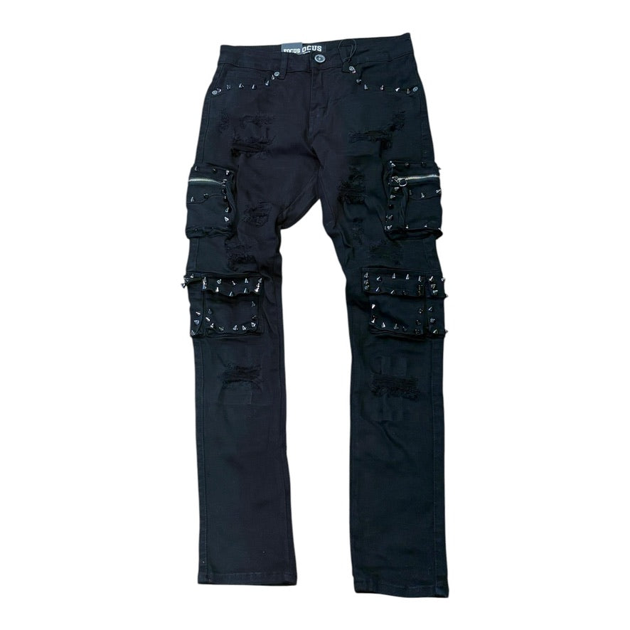 Focus 2401 Spike Cargo Slim Fit Jeans in Jet Black, front view
