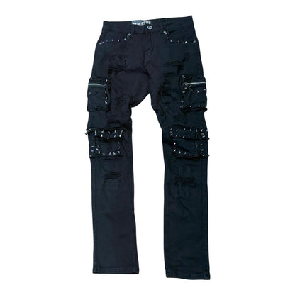 Focus 2401 Spike Cargo Slim Fit Jeans in Jet Black, front view
