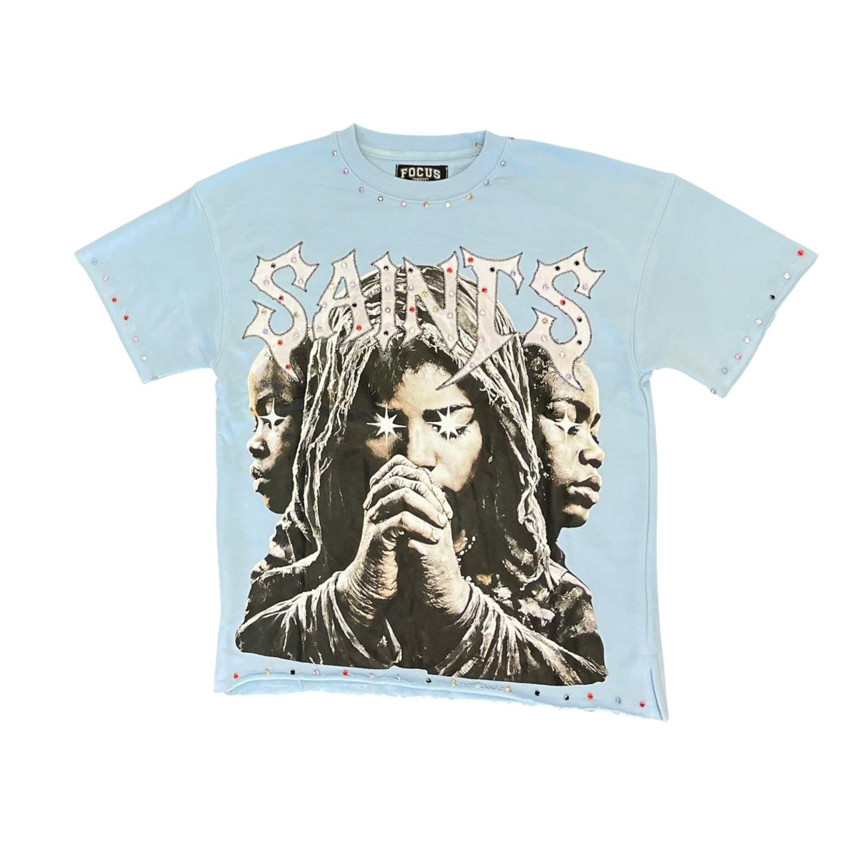 Focus 80909 Saints Faith Over Fear multi-stone cropped tee in Sky Blue, front view