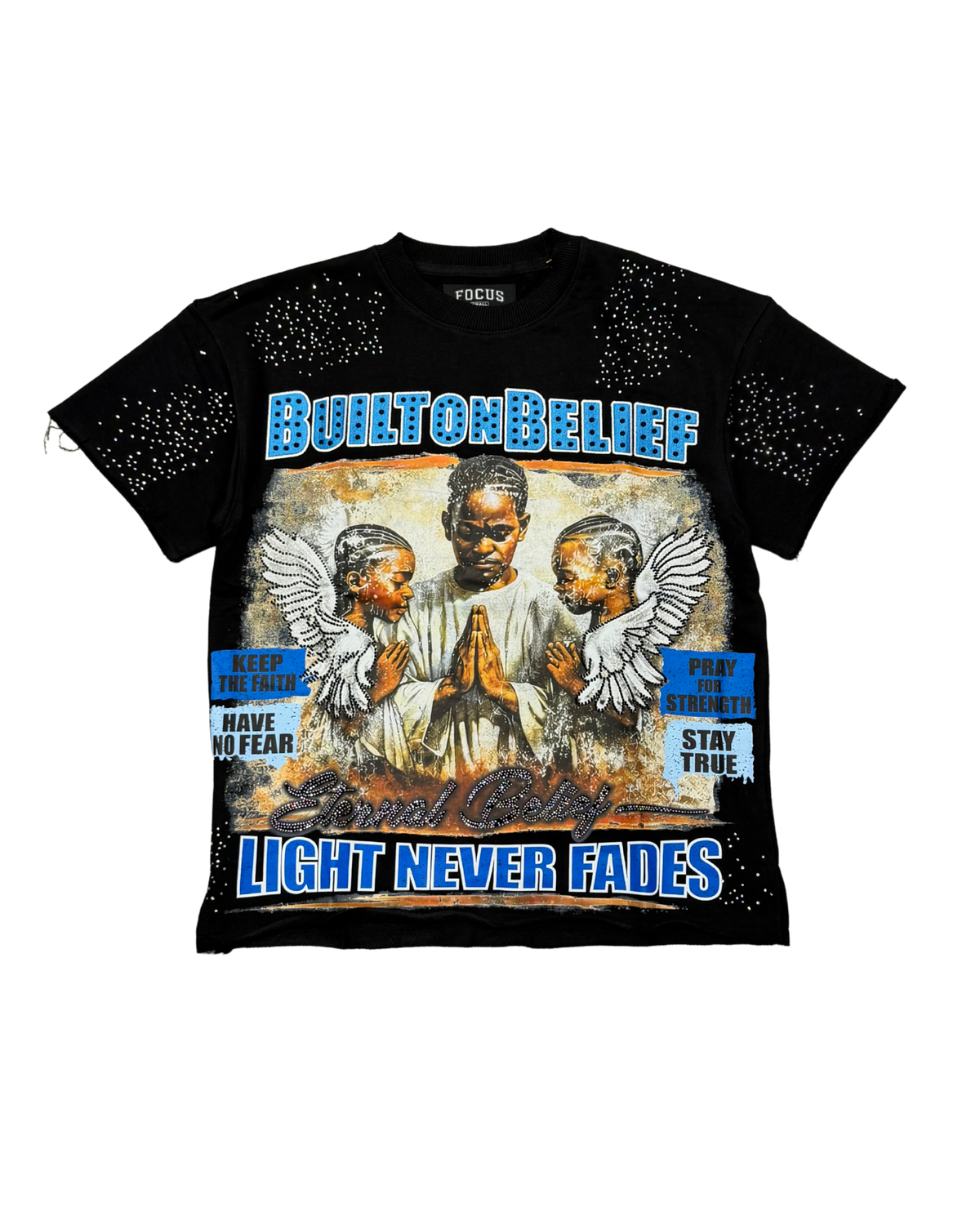 Focus Built On Belief cropped tee in Black with blue lettering, illustrated front graphic and rhinestone details