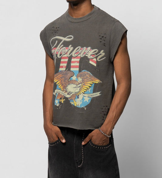 Forever Hungry 4th of July sleeveless tee in charcoal with eagle, stars and stripes graphic, worn by a model