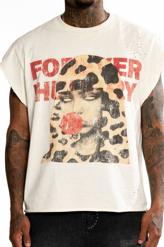 Forever Hungry Cheetah sleeveless tee in cream with animal print portrait and red bubblegum graphic, worn by a model