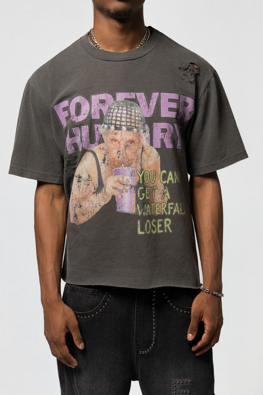 Forever Hungry Grandma's Cup short sleeve tee in charcoal with purple lettering and cup graphic, worn by a model