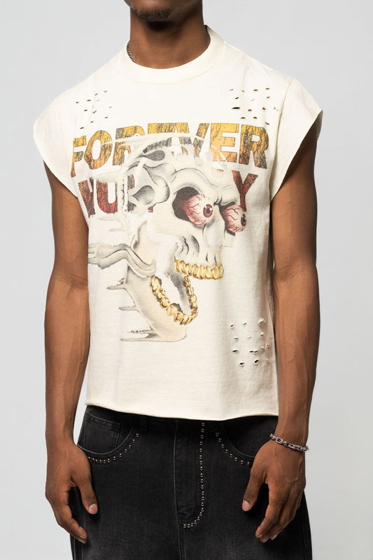 Forever Hungry Skull Flame sleeveless tee in cream with skull graphic, gold tone teeth and distressed details, worn by a model