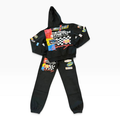 Back of FWRD kids Final Stretch hoodie with matching black jogger pants