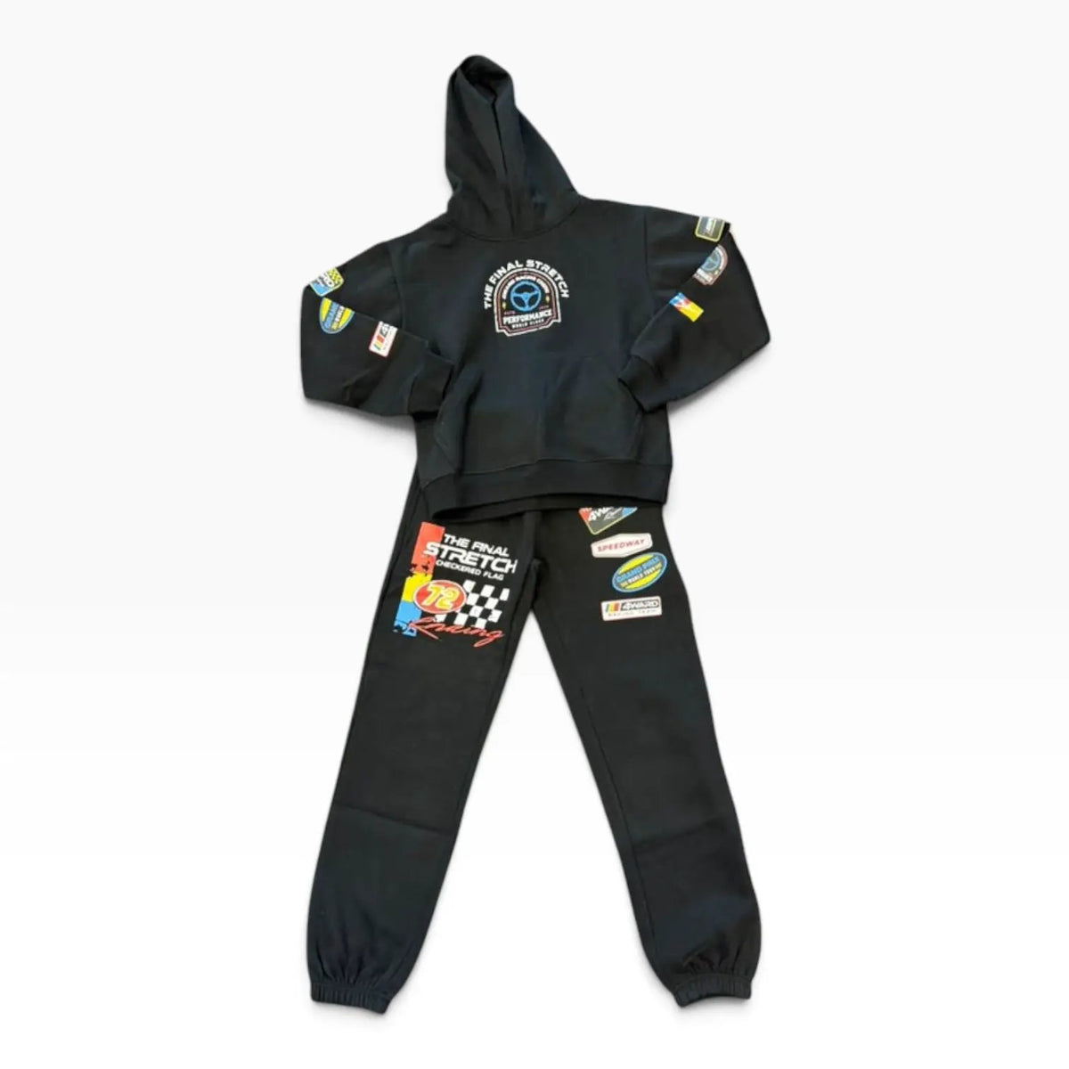 Front of FWRD kids Final Stretch black hoodie and jogger pants