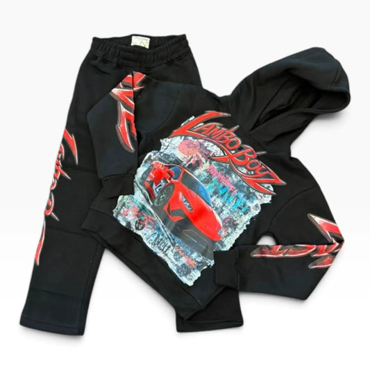FWRD kids Lambo Boyz black and red fleece hoodie and sweatpants set