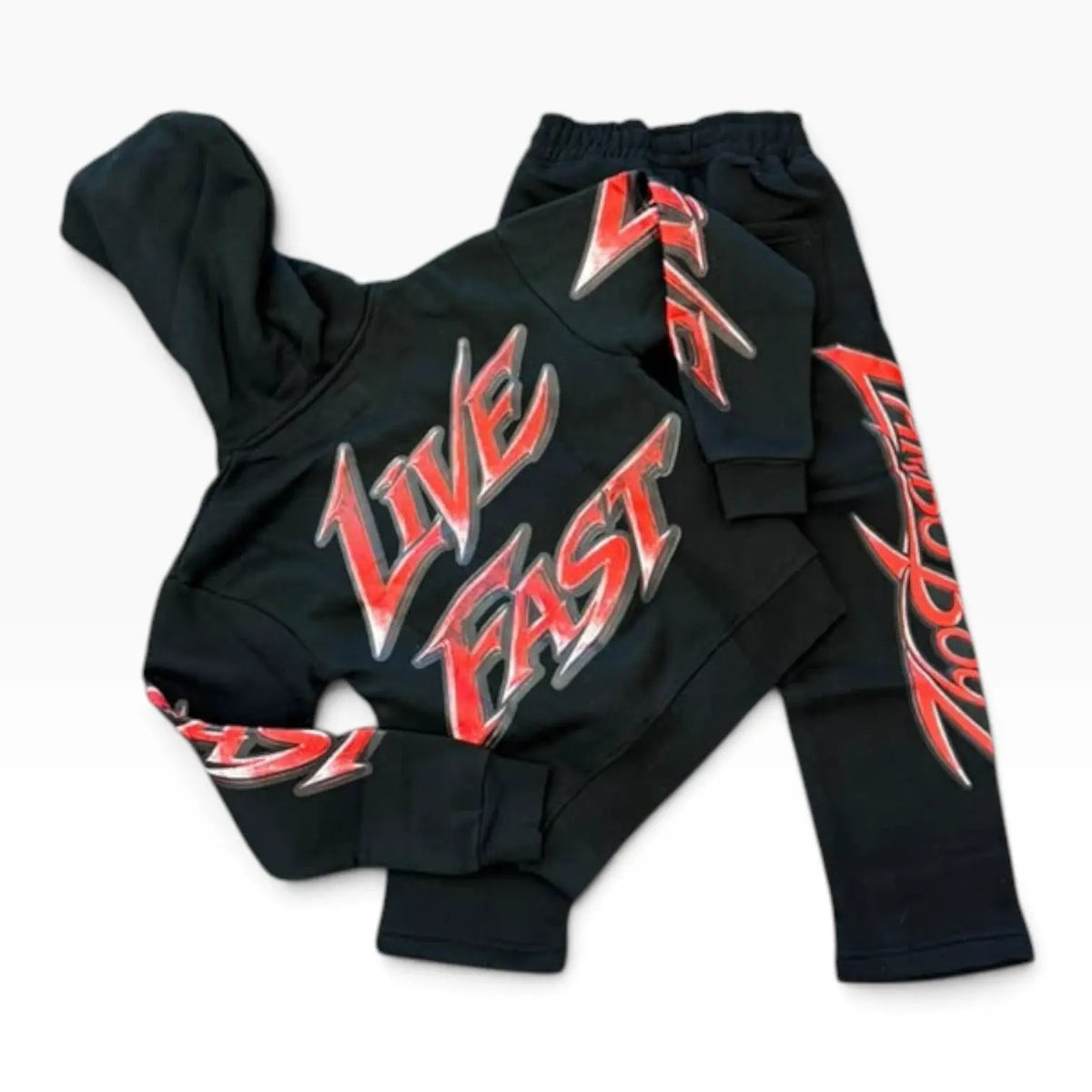 Rear view of FWRD kids Lambo Boyz black and red fleece set