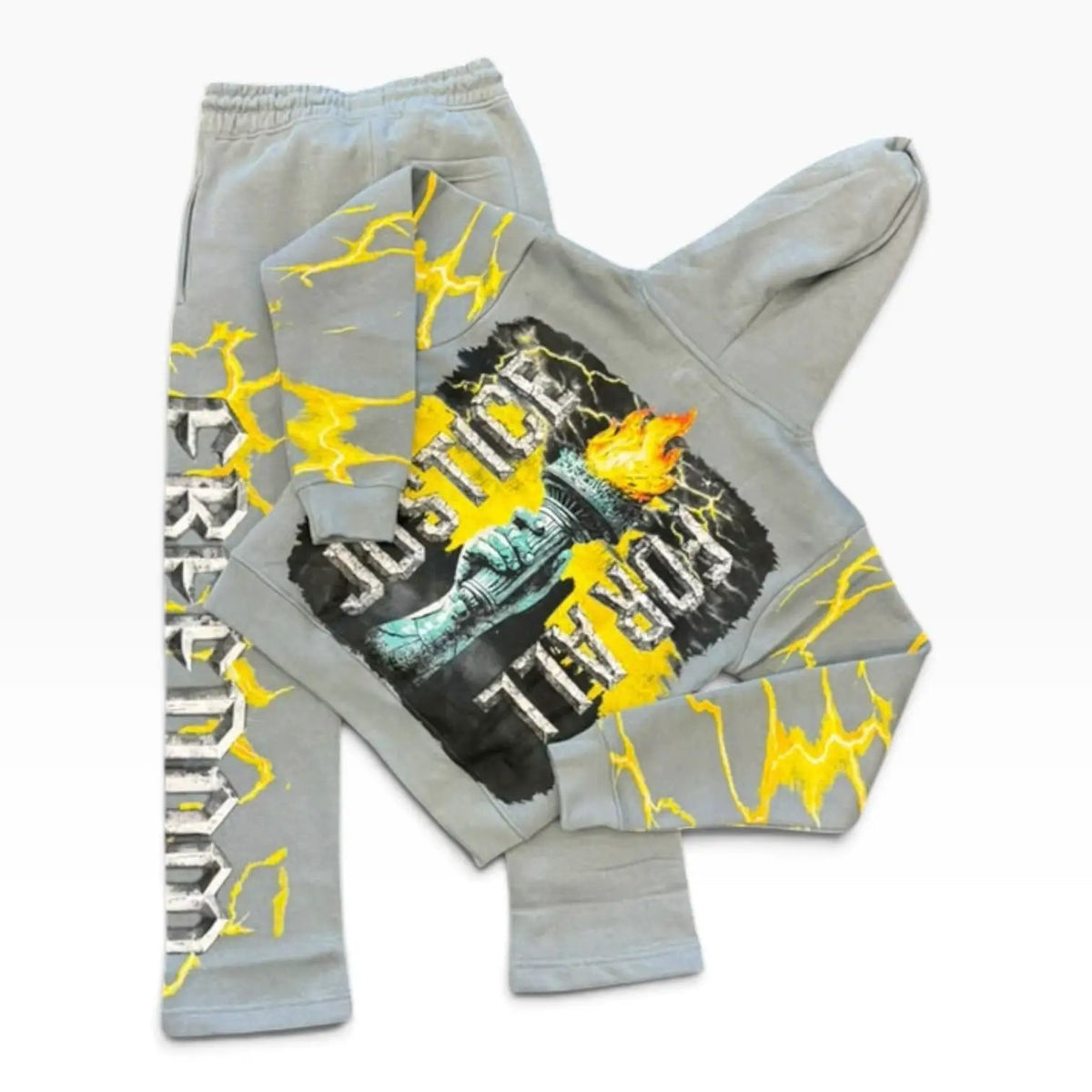 Rear view of FWRD kids Statue Freedom grey and gold fleece set