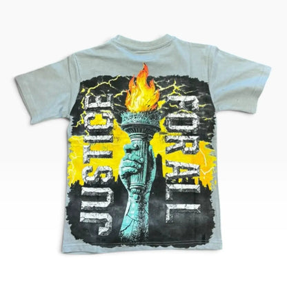 Back of FWRD kids Statue Freedom grey and gold graphic tee