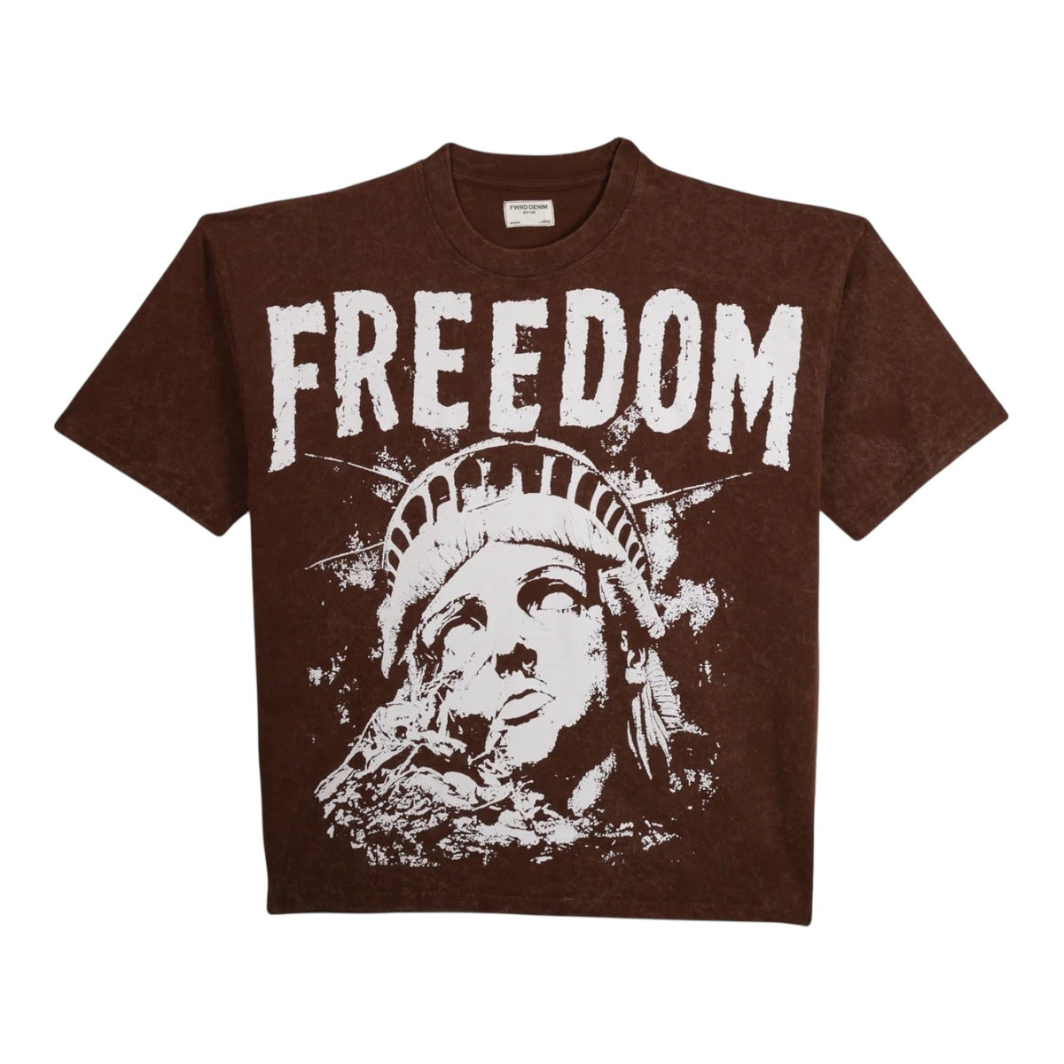 FWRD Justice Served tee in Brown with distressed white Freedom lettering and Statue of Liberty graphic