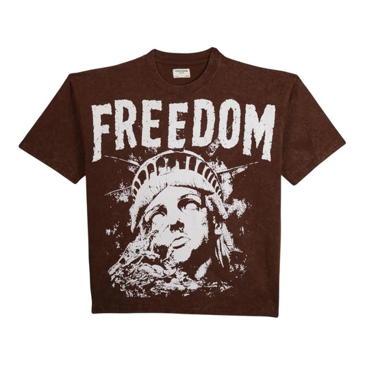 FWRD Justice Served tee in Brown with distressed white Freedom lettering and Statue of Liberty graphic