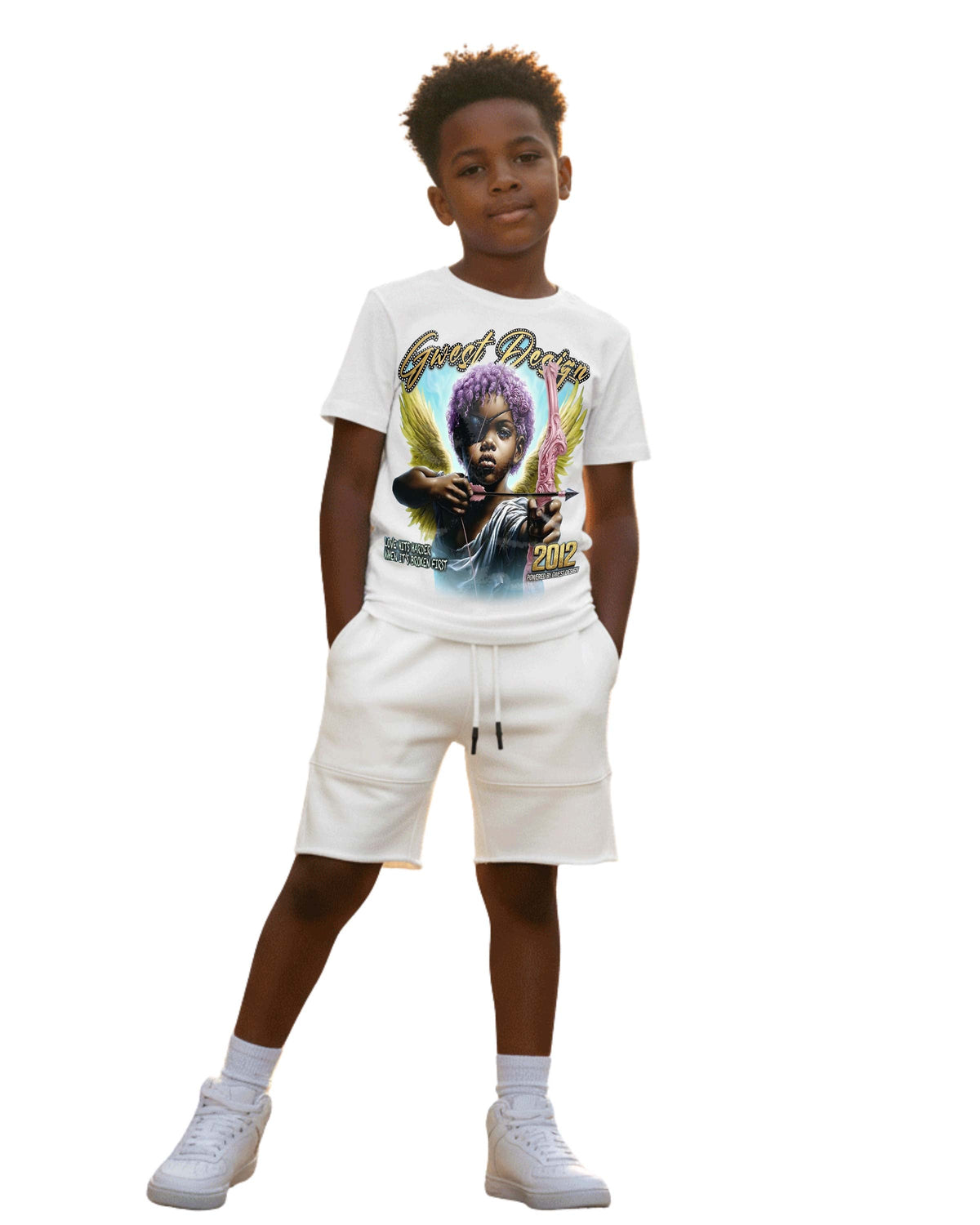 G West Kids Broken Angel Tee in White/Yellow/Purple, front view