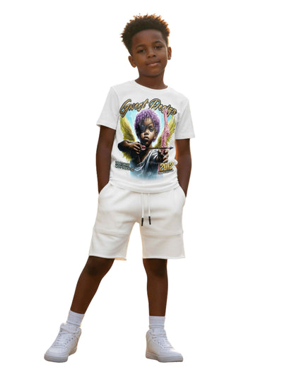 G West Kids Broken Angel Tee in White/Yellow/Purple, front view