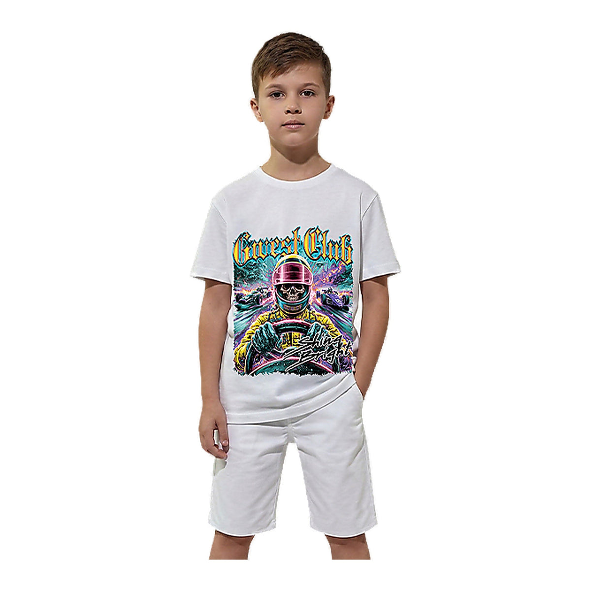 G West Kids Hellspeed Driver Tee in White/Yellow/Purple, front view