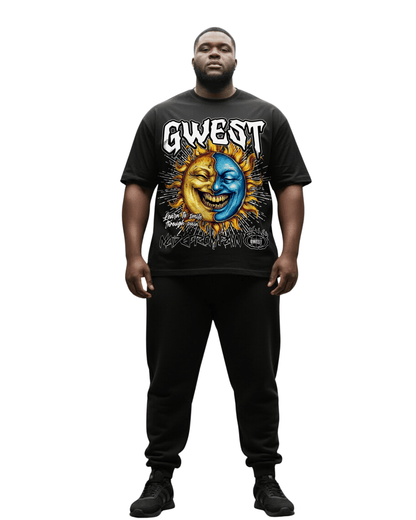 G West Big & Tall Rhinestone Pain & Peace Tee in Black/Blue with yellow artwork, front view