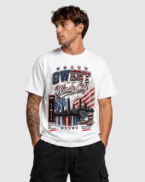G West Rhinestone Windy City Tee in White/Red/Blue