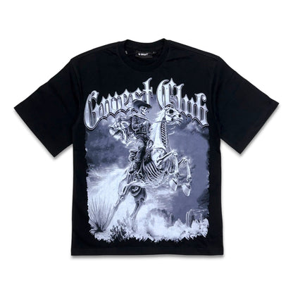 G West Rider of Flames T-shirt in Black and Grey with a skeleton cowboy and horse graphic, front view