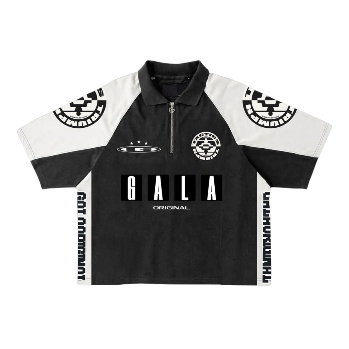 Gala Tactics quarter-zip polo in Black with white contrast panels and racing-inspired logo graphics
