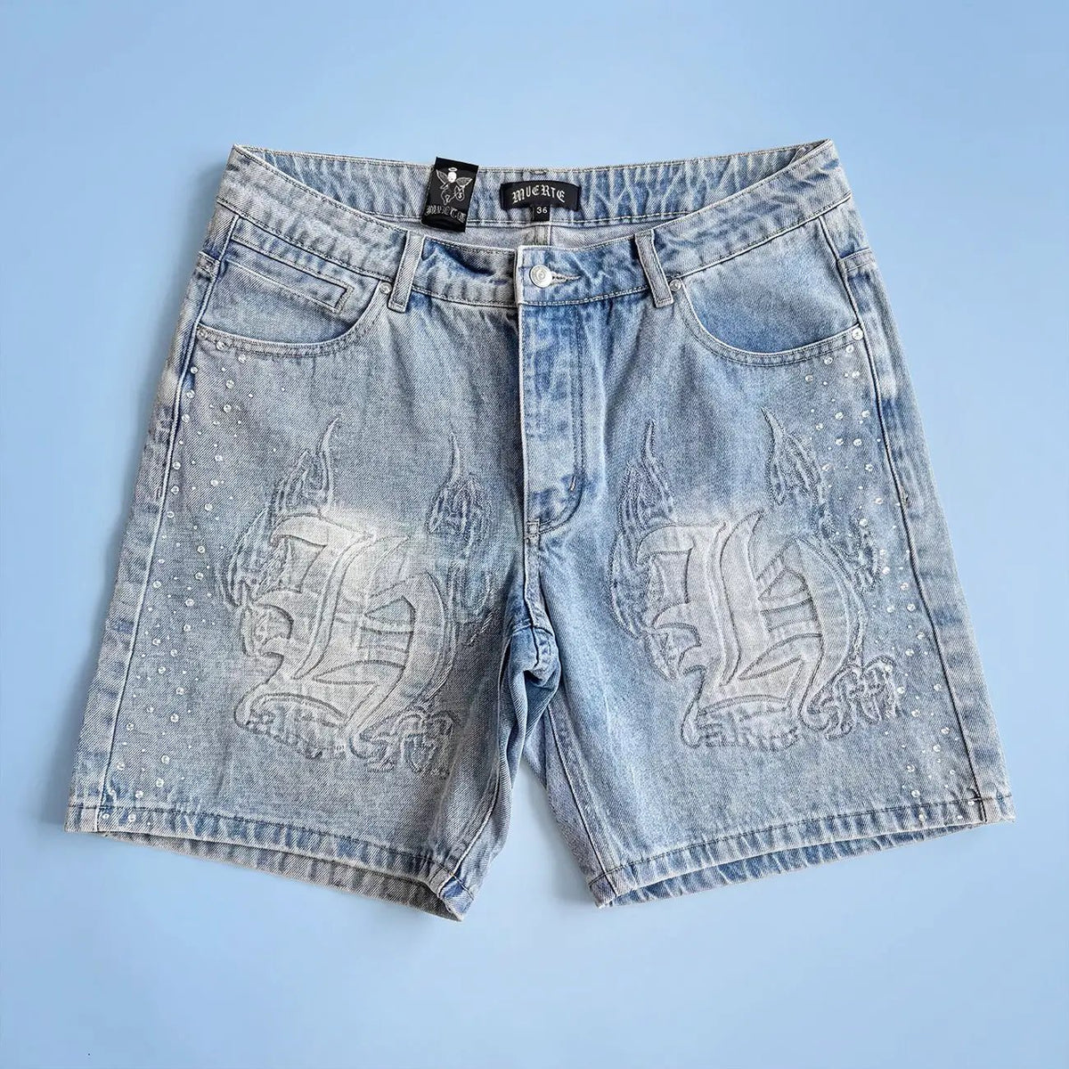 Hasta Muerte Flame Denim Shorts With Rhinestones by Hasta Muerte