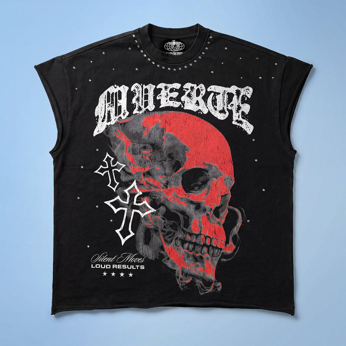 Hasta Muerte SMLR Smoke Skull sleeveless crop tee in vintage black, front view with red skull and rhinestones