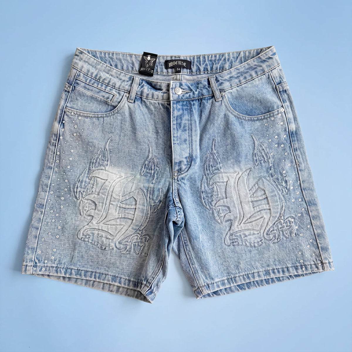 HM FLAME DENIM SHORTS WITH RHINESTONES — LIGHTWASH