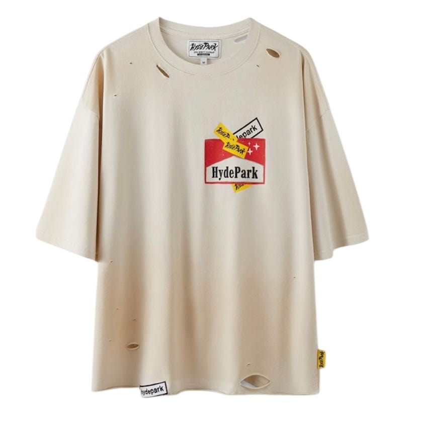 Hyde Park Ciggy Cig T-Shirt in cream with a red chest graphic and distressed details, front view