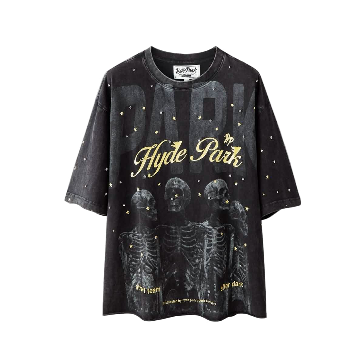 Hyde Park Dark Park T-Shirt in black wash with skeleton graphic, front view