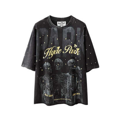 Hyde Park Dark Park T-Shirt in black wash with skeleton graphic, front view