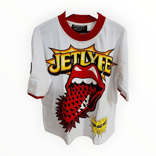 Front of white Jetlyfe 1-800 Help tee with red trim, yellow lettering and red mouth graphic.