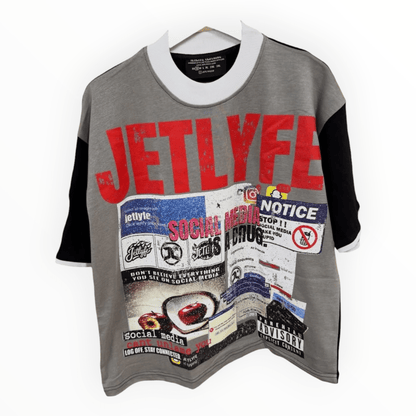 Front of Jetlyfe Social Media Is A Drug tee with grey collage print, black sleeves and white trim.