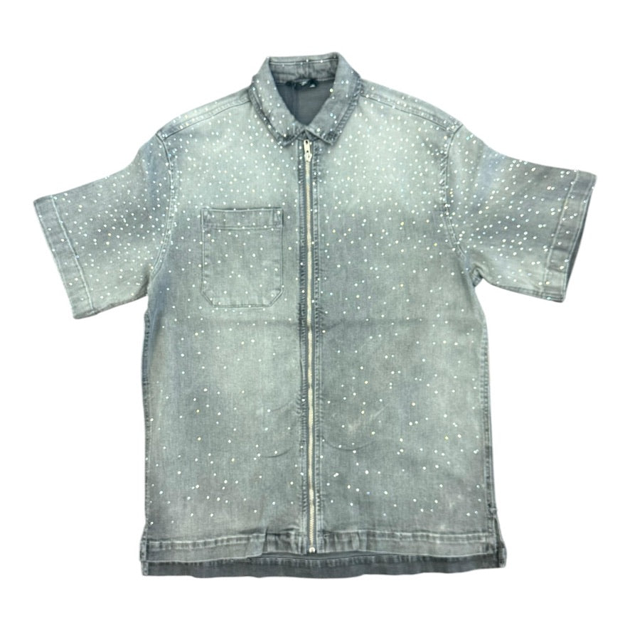 Jordan Craig 2082 Radiant crystal denim zip-up shirt in Smoked Grey, front view