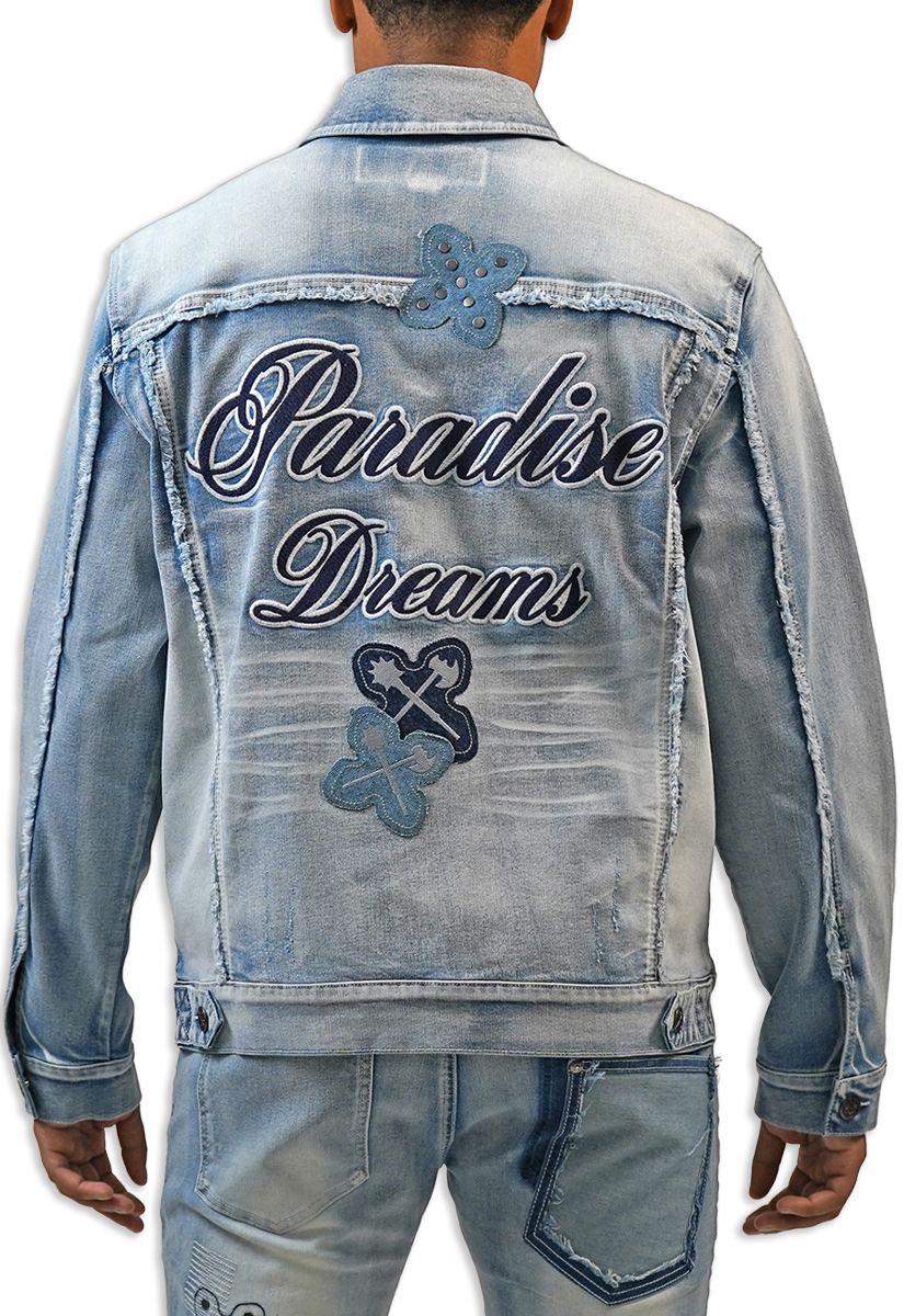Juren Paradise Dreams Denim Jacket from On Time Fashions – Denim Jackets by Blac Leaf, Birmingham AL’s 1 fashion store and premier destination for streetwear, suits, kids fashion, and big & tall