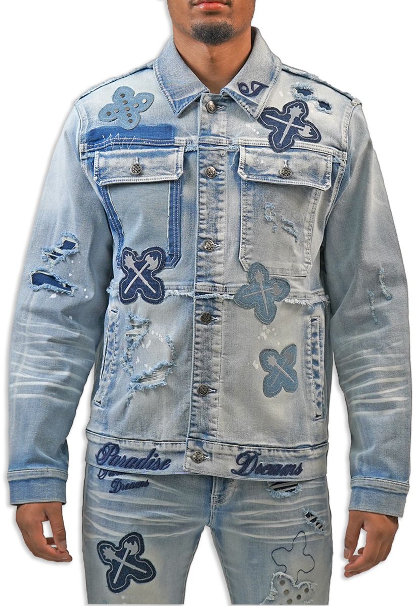 Juren Paradise Dreams Denim Jacket from On Time Fashions – Denim Jackets by Blac Leaf, Birmingham AL’s 1 fashion store and premier destination for streetwear, suits, kids fashion, and big & tall