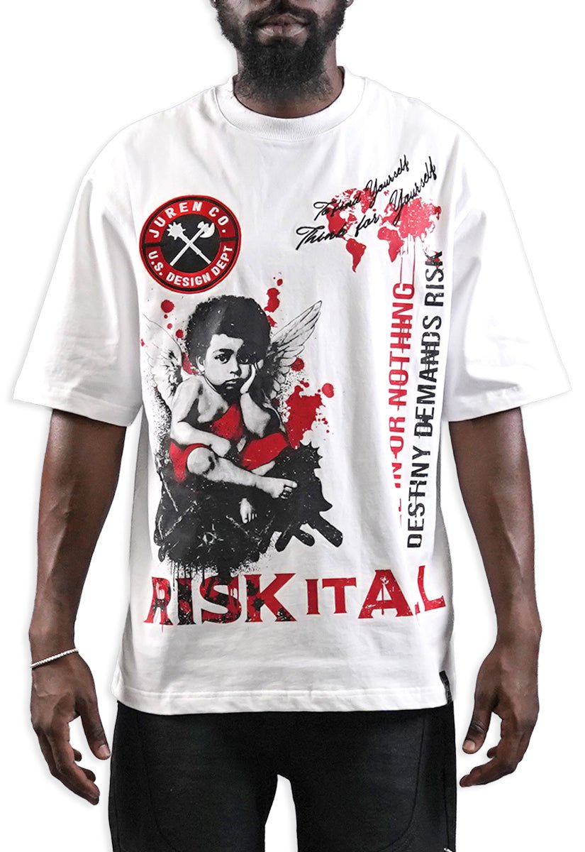 Juren Risk It All White Shirt from On Time Fashions – Graphic Tee by Juren, Birmingham AL’s 1 fashion store and premier destination for streetwear, suits, kids fashion, and big & tall