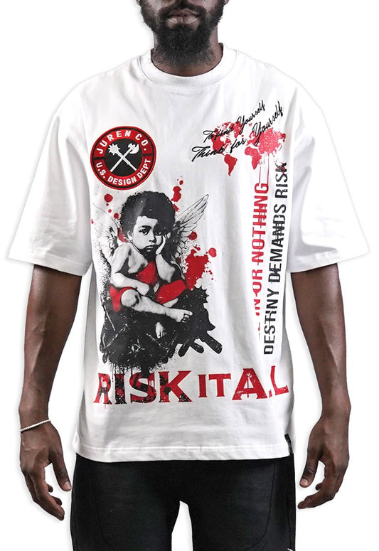 Juren Risk It All White Shirt from On Time Fashions – Graphic Tee by Juren, Birmingham AL’s 1 fashion store and premier destination for streetwear, suits, kids fashion, and big & tall