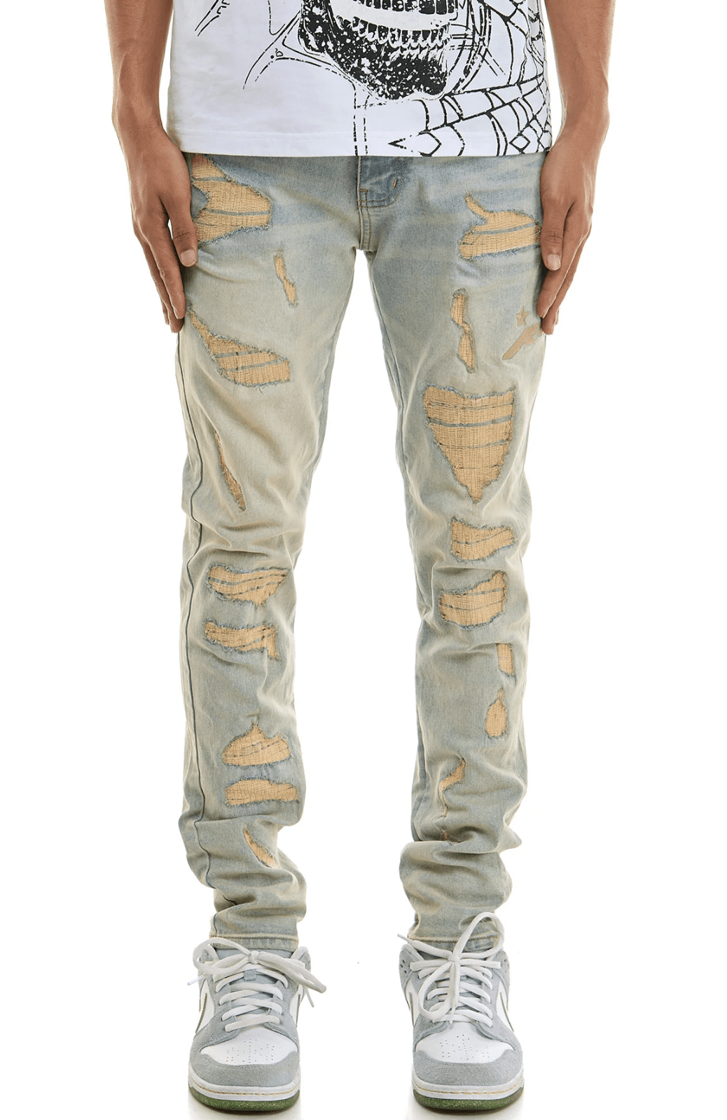 KDNK Dune Embroidered Skinny Jeans from On Time Fashions – Jeans by KDNK, Birmingham AL’s 1 fashion store and premier destination for streetwear, suits, kids fashion, and big & tall