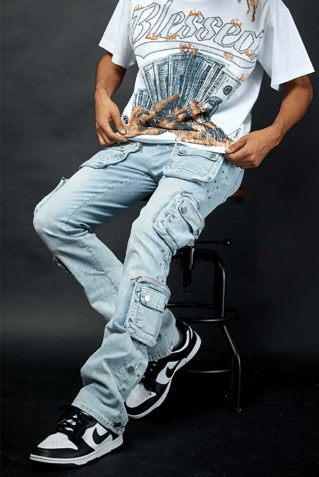 KDNK Stud Cargo Jeans from On Time Fashions – Jeans by KDNK, Birmingham AL’s 1 fashion store and premier destination for streetwear, suits, kids fashion, and big & tall