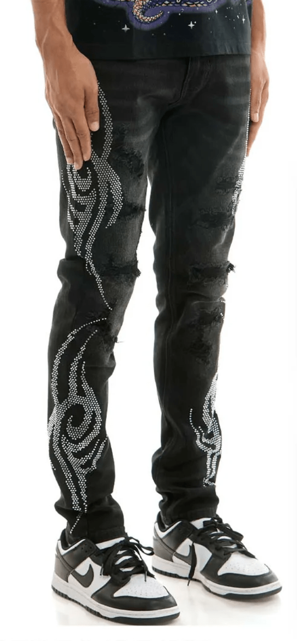 KDNK Tribal Rhinestone Skinny Jeans from On Time Fashions – Jeans by KDNK, Birmingham AL’s 1 fashion store and premier destination for streetwear, suits, kids fashion, and big & tall