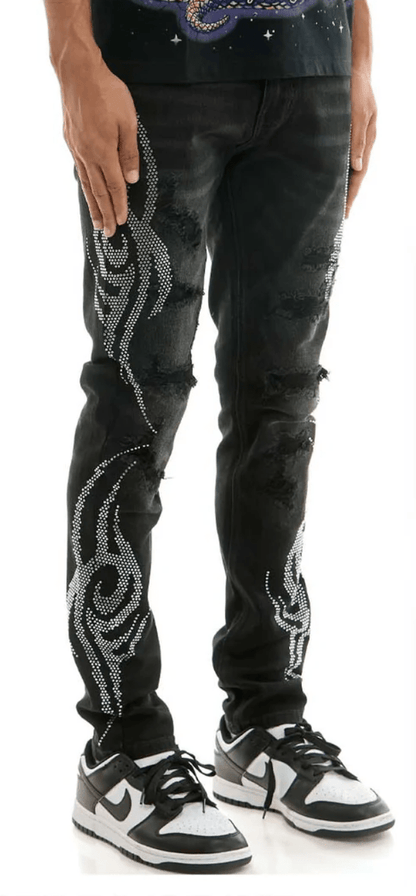KDNK Tribal Rhinestone Skinny Jeans from On Time Fashions – Jeans by KDNK, Birmingham AL’s 1 fashion store and premier destination for streetwear, suits, kids fashion, and big & tall