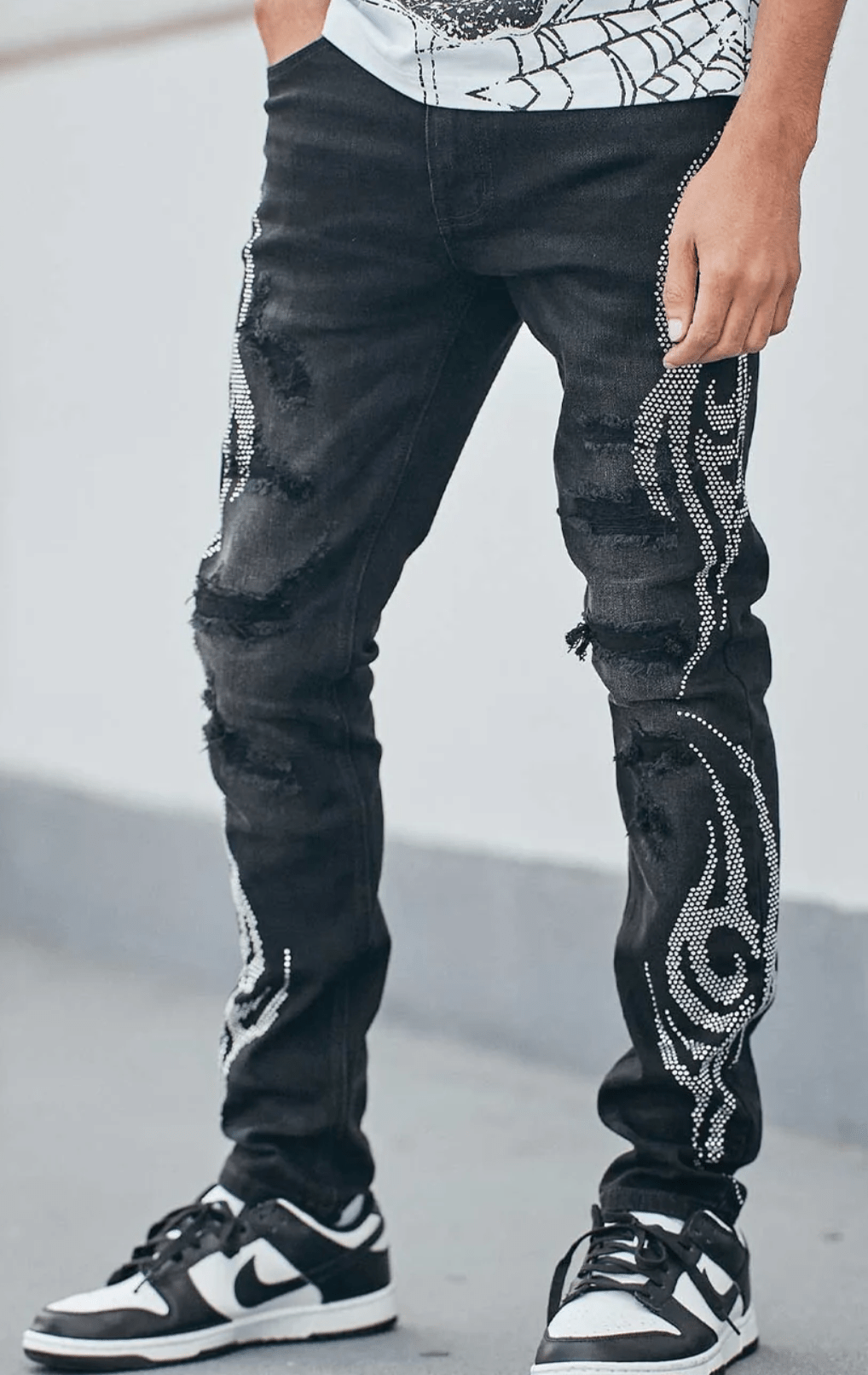 KDNK Tribal Rhinestone Skinny Jeans from On Time Fashions – Jeans by KDNK, Birmingham AL’s 1 fashion store and premier destination for streetwear, suits, kids fashion, and big & tall