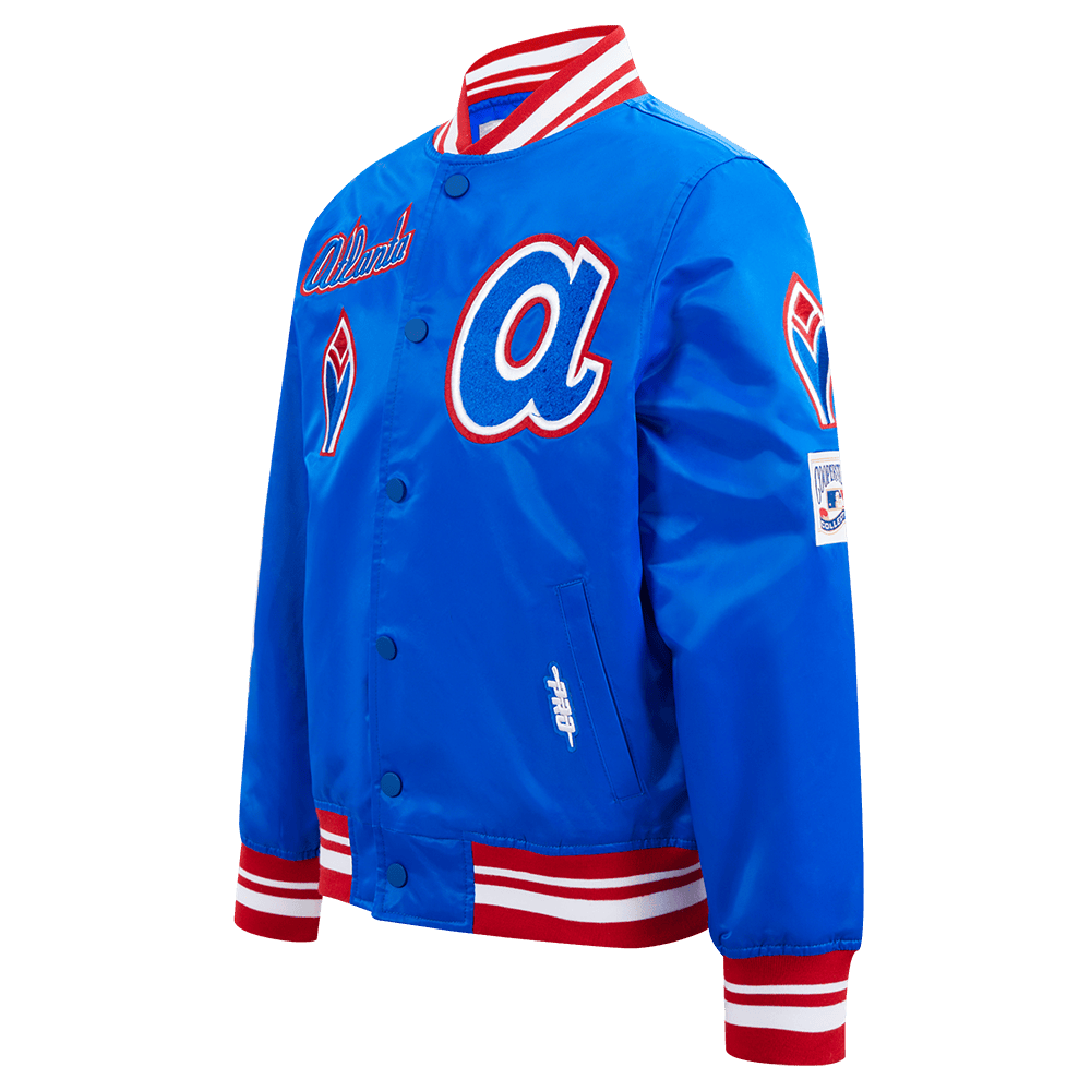 Pro Standard kids Atlanta Braves Retro Classic satin jacket in Royal Blue/Red, front angle
