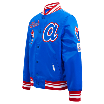 Pro Standard kids Atlanta Braves Retro Classic satin jacket in Royal Blue/Red, front angle