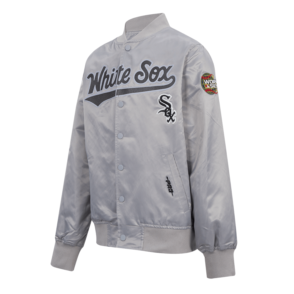Pro Standard kids Chicago White Sox Classic Chenille satin jacket in Silver, front angle