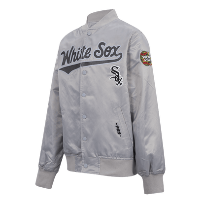 Pro Standard kids Chicago White Sox Classic Chenille satin jacket in Silver, front angle