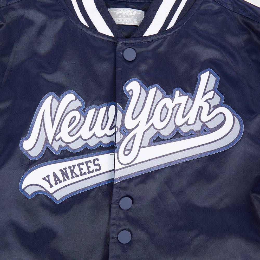 Pro Standard kids New York Yankees Script Tail satin jacket in Midnight Navy, New York lettering detail
