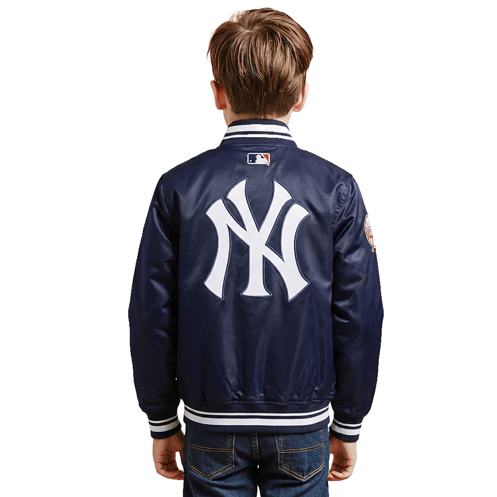 Pro Standard kids New York Yankees Script Tail satin jacket in Midnight Navy, back model view